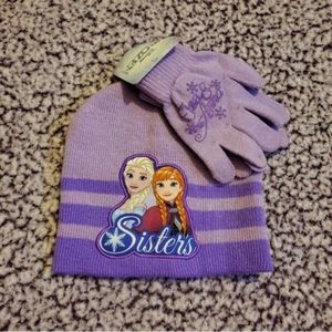 Frozen Elsa & Anna Sisters Disney Winter Hat & Gloves Set Sisters Logo